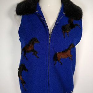 Lisa International 100% Wool Blue Horse Vest Sz S